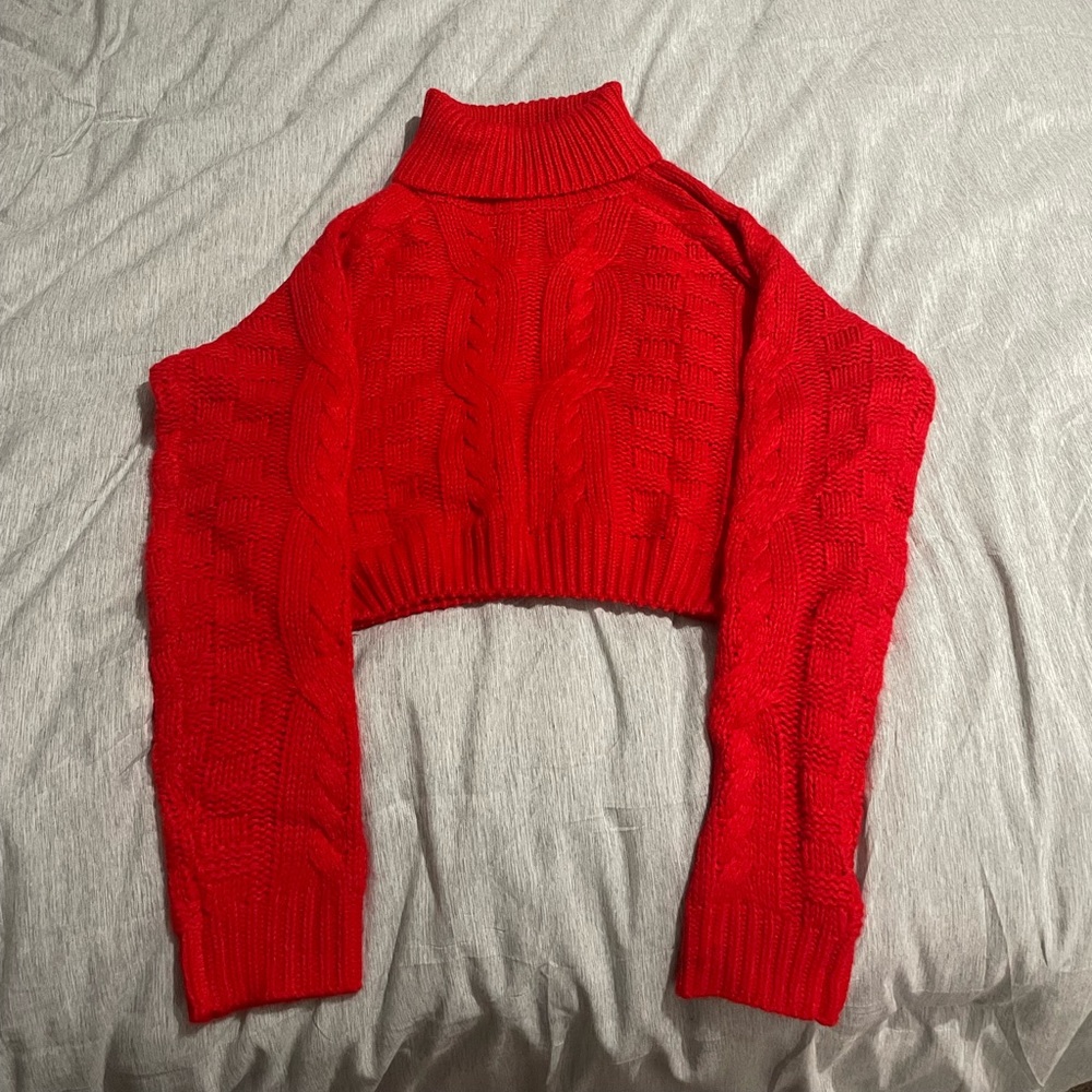 Very cute red turtleneck cropped sweater!